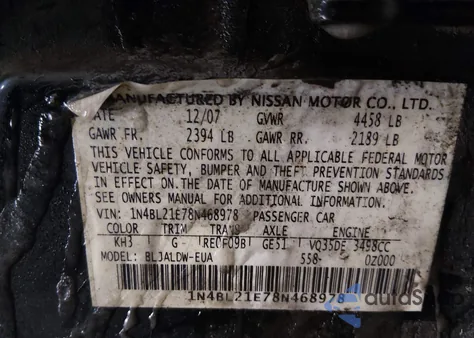 2008 Nissan Altima 3.5 Se z USA, uszkodzony, nr VIN 1N4BL21E78N468978